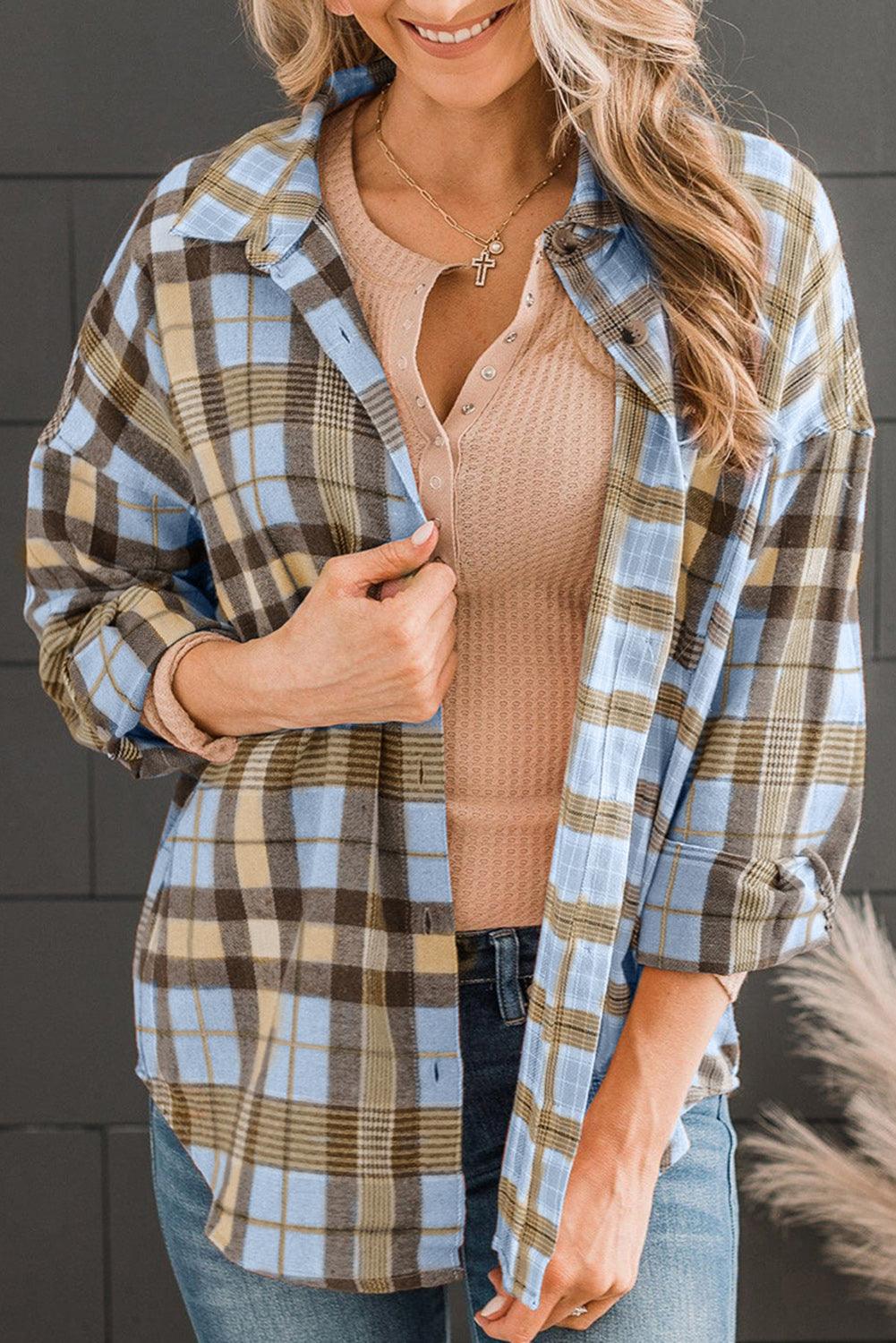 Plaid Collared Neck Long Sleeve Button-Up Shirt - HAPPY HOURS