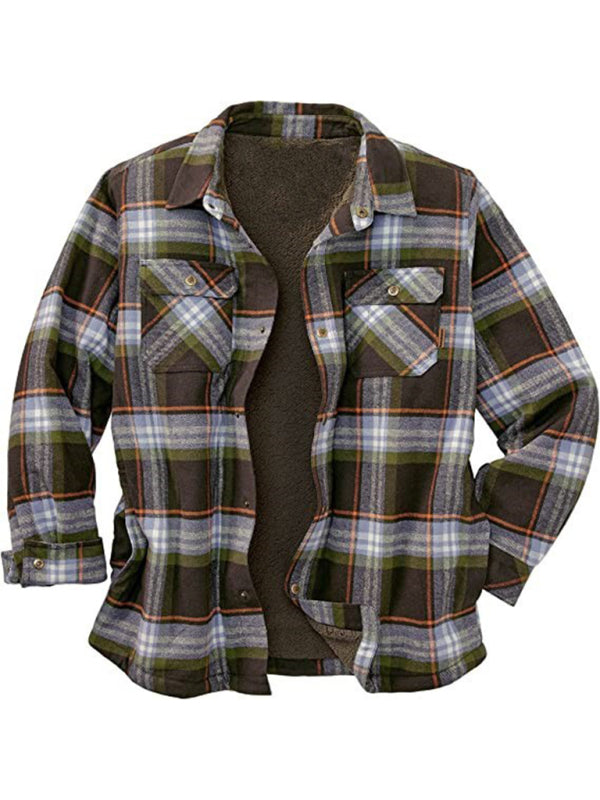 Long Sleeve Lapel Lapel Plaid Fleece Shirt Men's Jacket - HAPPY HOURS