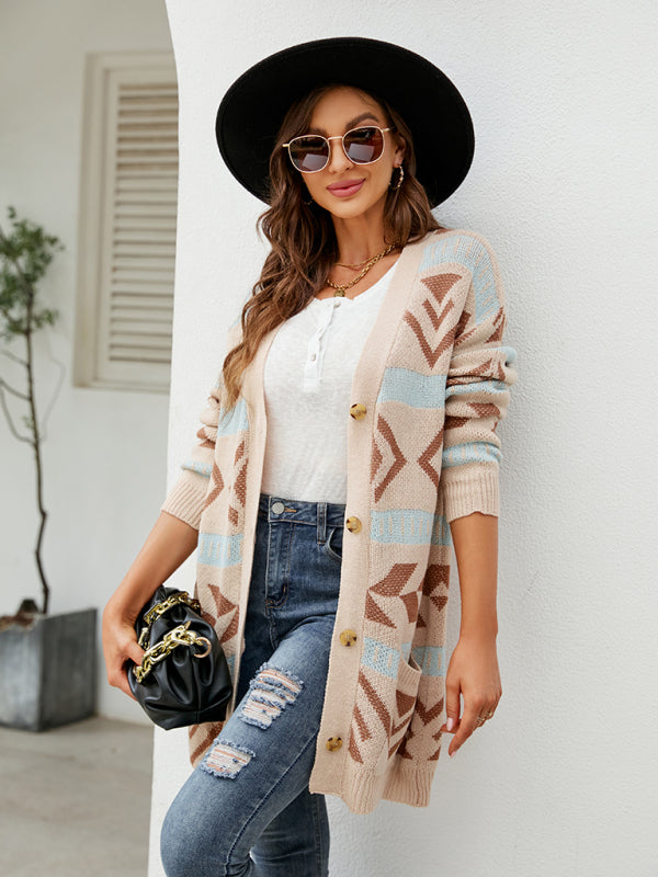 Women's Diamond Loose Jacquard Knitted Cardigan - HAPPY HOURS