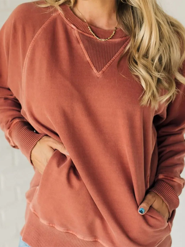 Women's Bat Sleeve Ribbed Embellished Pocket Pullover Sweatshirt - HAPPY HOURS