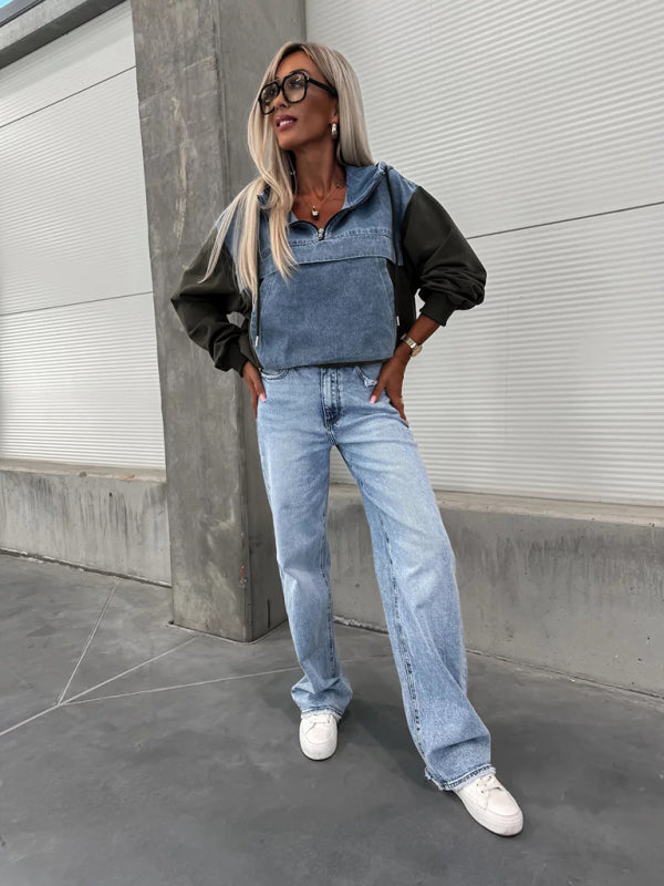 Fashion Loose Casual Washed Denim Stitching Hooded Women's Sweatshirt - HAPPY HOURS