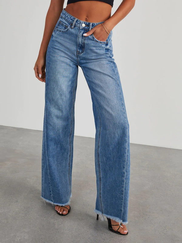 Women's Loose Wide Leg Side Seam Paneled Frayed Hem Jeans - HAPPY HOURS