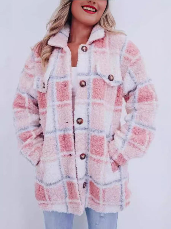 New multi-color plaid warm lapel jacket fashionable and versatile long-sleeved coat - HAPPY HOURS