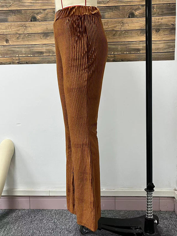 New style corduroy wide-leg casual pants fashionable solid color high waist flared pants - HAPPY HOURS