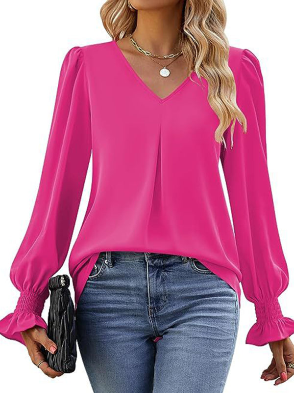 New solid color chiffon shirt V-neck pullover flared long-sleeved top shirt - HAPPY HOURS