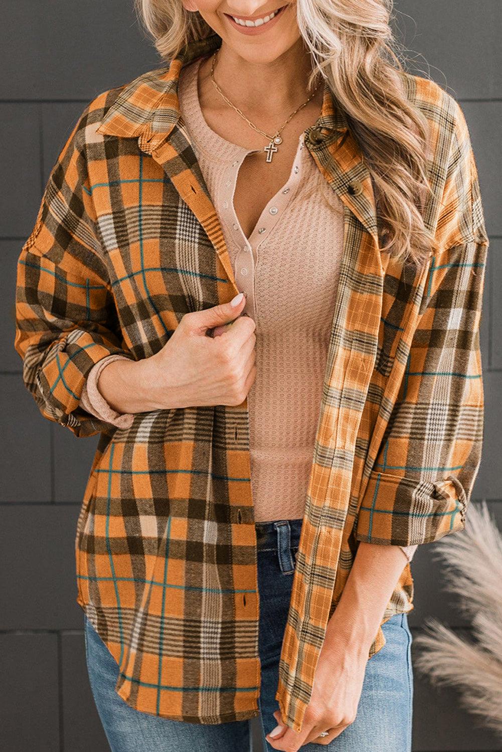 Plaid Collared Neck Long Sleeve Button-Up Shirt - HAPPY HOURS