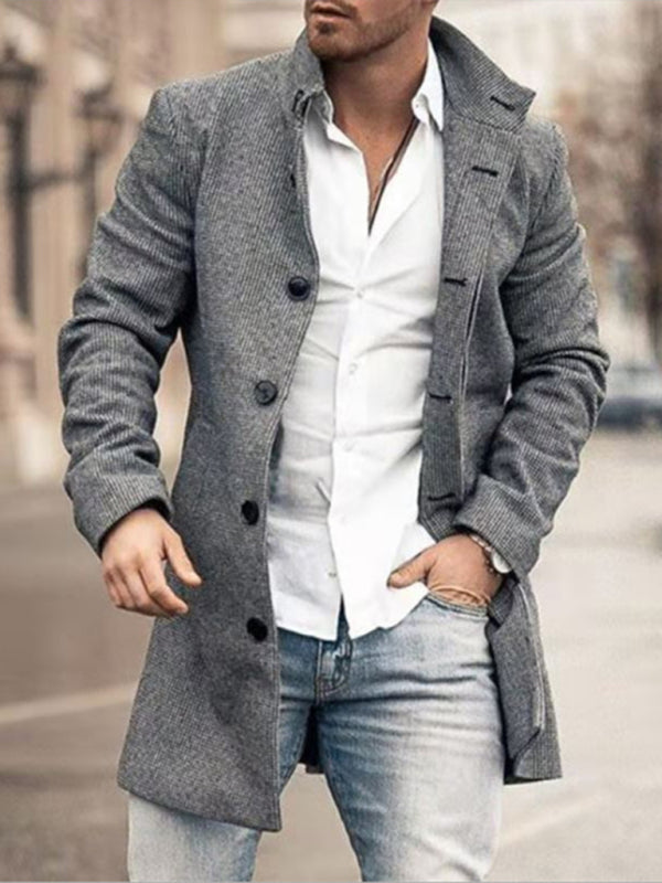 New men's woolen stand collar mid-length pocket casual coat