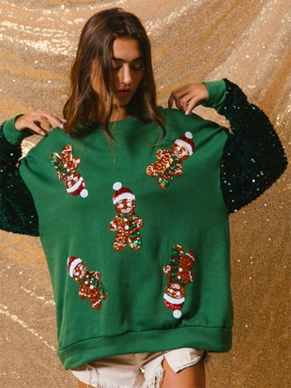 Women's Sweet Sequin Sleeve Top Christmas Long Sleeve Sweater