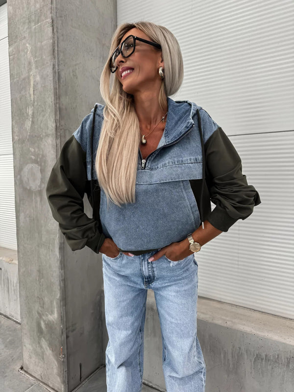 Modisches, lockeres, lässiges Damen-Sweatshirt mit Kapuze und gewaschenem Denim 