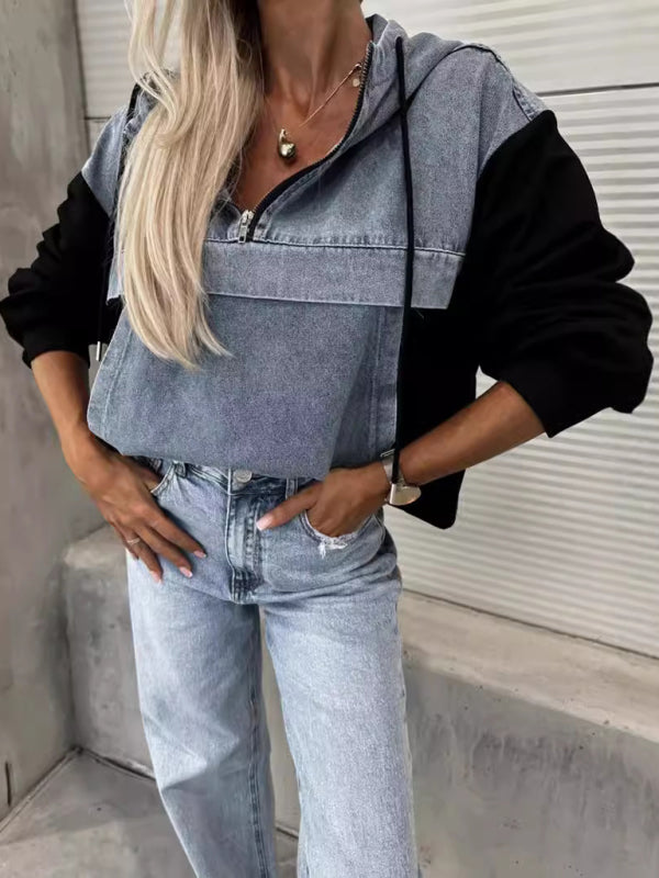 Modisches, lockeres, lässiges Damen-Sweatshirt mit Kapuze und gewaschenem Denim 