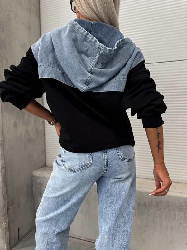 Modisches, lockeres, lässiges Damen-Sweatshirt mit Kapuze und gewaschenem Denim 