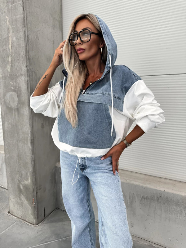 Modisches, lockeres, lässiges Damen-Sweatshirt mit Kapuze und gewaschenem Denim 