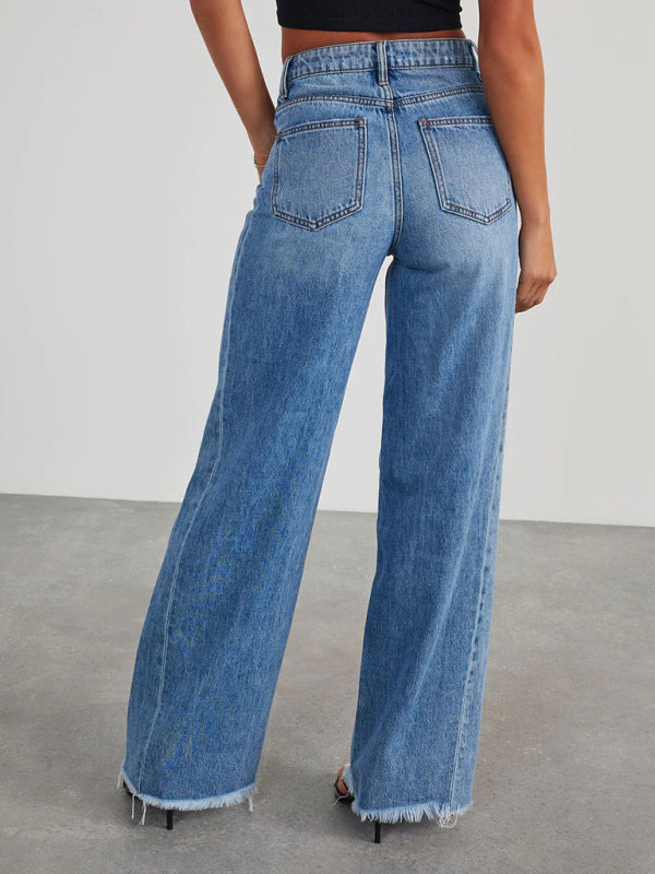 Women's Loose Wide Leg Side Seam Paneled Frayed Hem Jeans