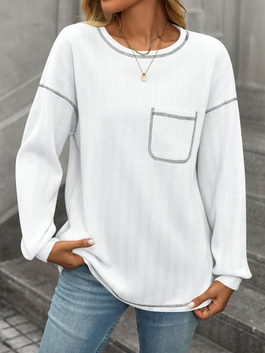 Women's ribbed brushed solid color round neck pocket casual loose T-shirt