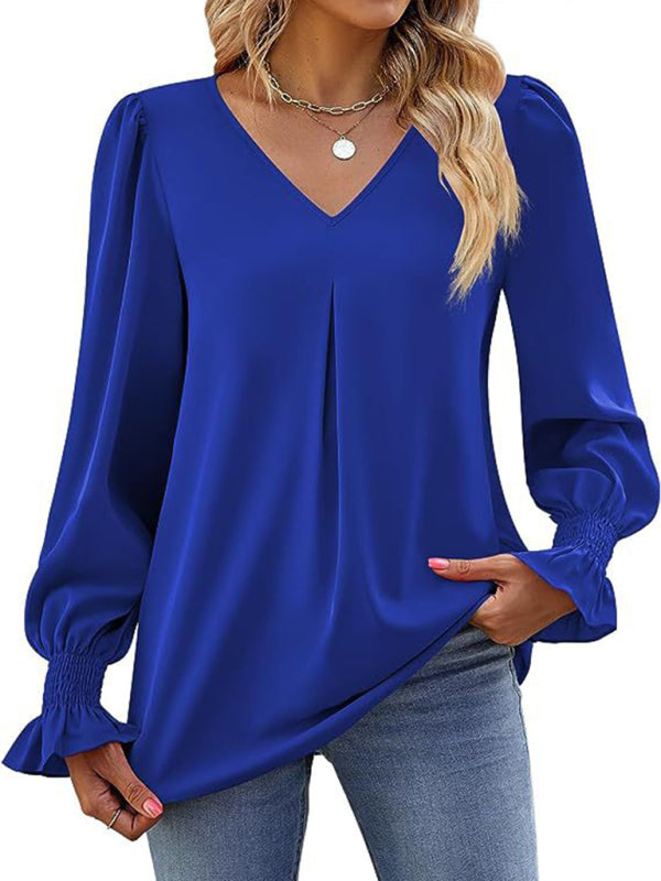 Neue einfarbig chiffon hemd V-ausschnitt pullover ausgestelltes lange-ärmeln top hemd 