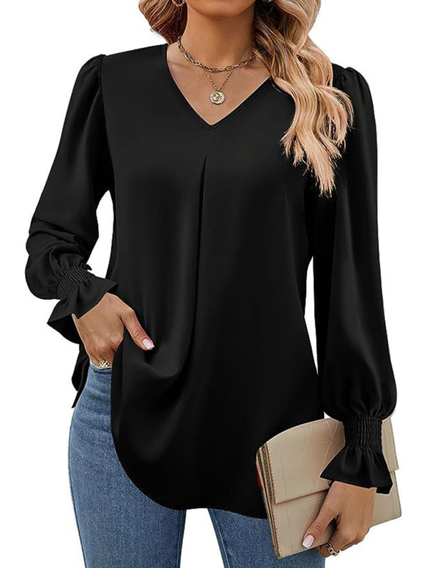 Neue einfarbig chiffon hemd V-ausschnitt pullover ausgestelltes lange-ärmeln top hemd 