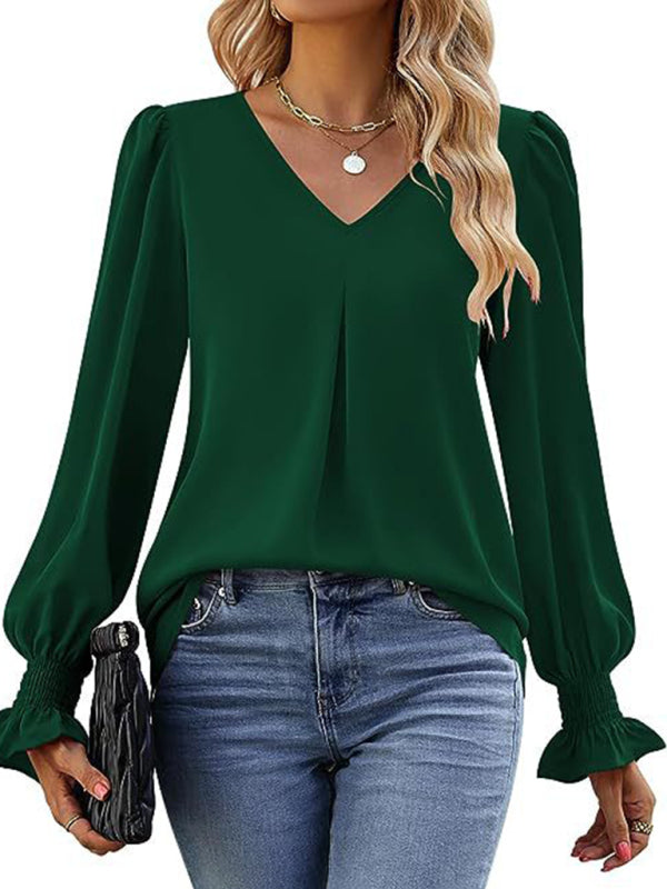 Neue einfarbig chiffon hemd V-ausschnitt pullover ausgestelltes lange-ärmeln top hemd 