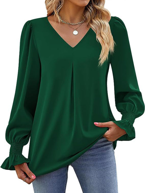 Neue einfarbig chiffon hemd V-ausschnitt pullover ausgestelltes lange-ärmeln top hemd 