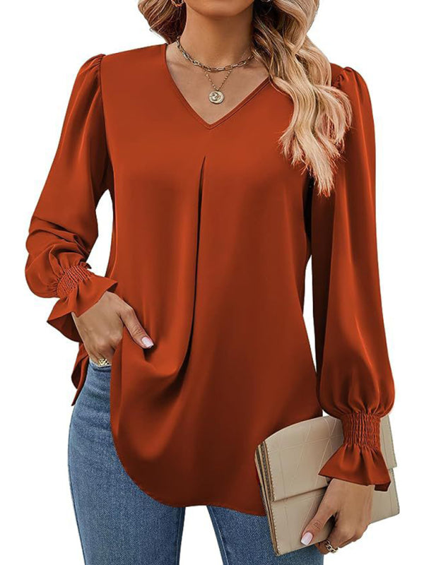 Neue einfarbig chiffon hemd V-ausschnitt pullover ausgestelltes lange-ärmeln top hemd 