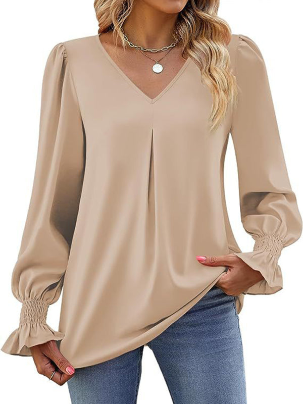 Neue einfarbig chiffon hemd V-ausschnitt pullover ausgestelltes lange-ärmeln top hemd 