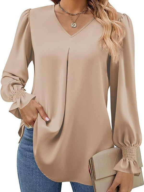 Neue einfarbig chiffon hemd V-ausschnitt pullover ausgestelltes lange-ärmeln top hemd 