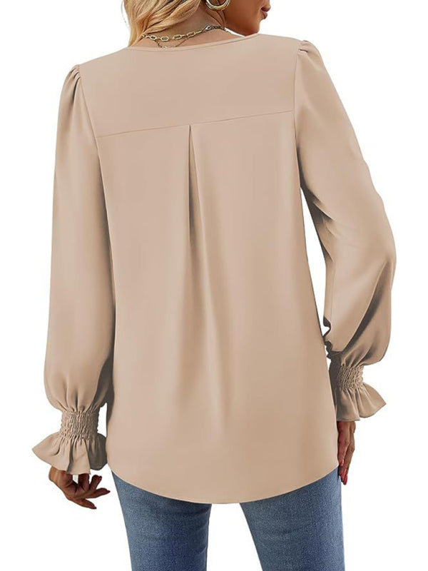 Neue einfarbig chiffon hemd V-ausschnitt pullover ausgestelltes lange-ärmeln top hemd 