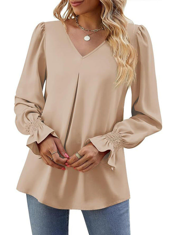 Neue einfarbig chiffon hemd V-ausschnitt pullover ausgestelltes lange-ärmeln top hemd 