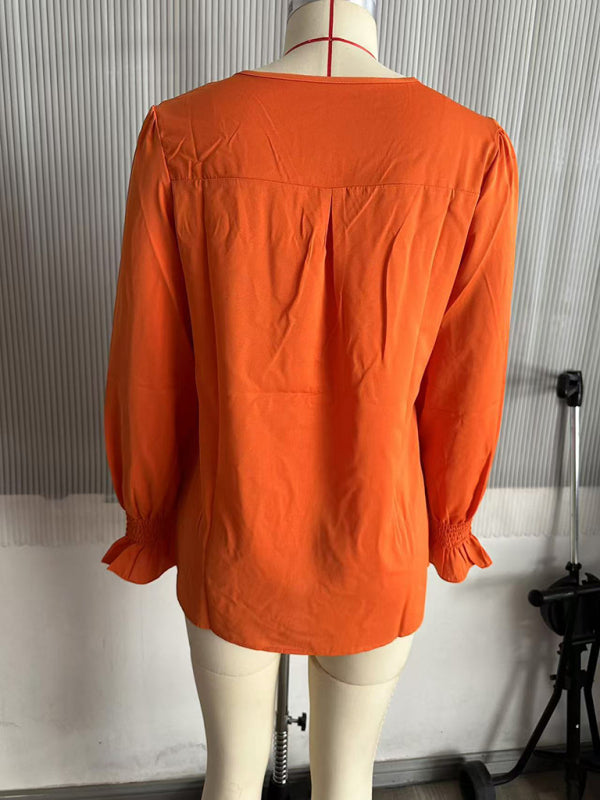 Neue einfarbig chiffon hemd V-ausschnitt pullover ausgestelltes lange-ärmeln top hemd 