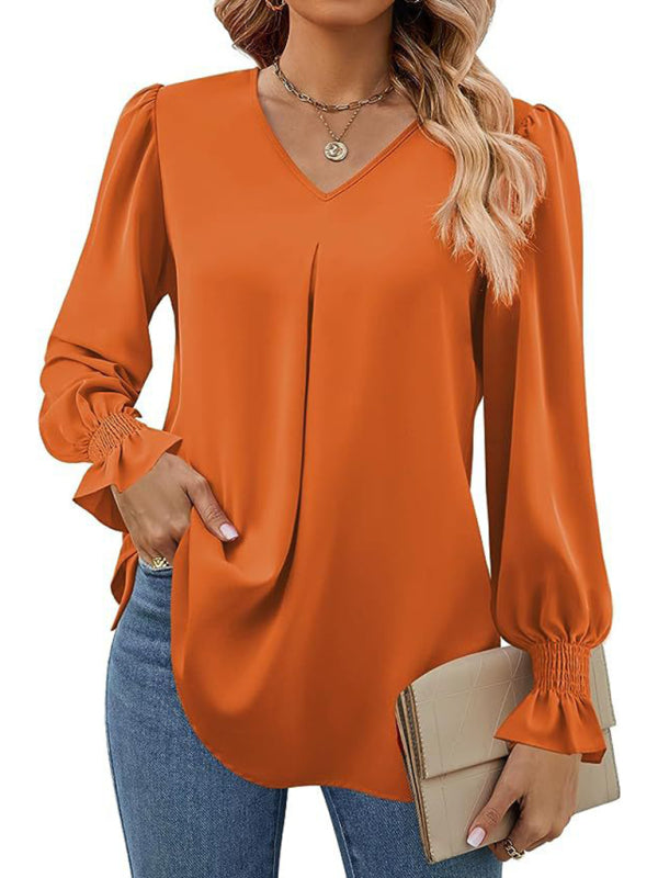 Neue einfarbig chiffon hemd V-ausschnitt pullover ausgestelltes lange-ärmeln top hemd 