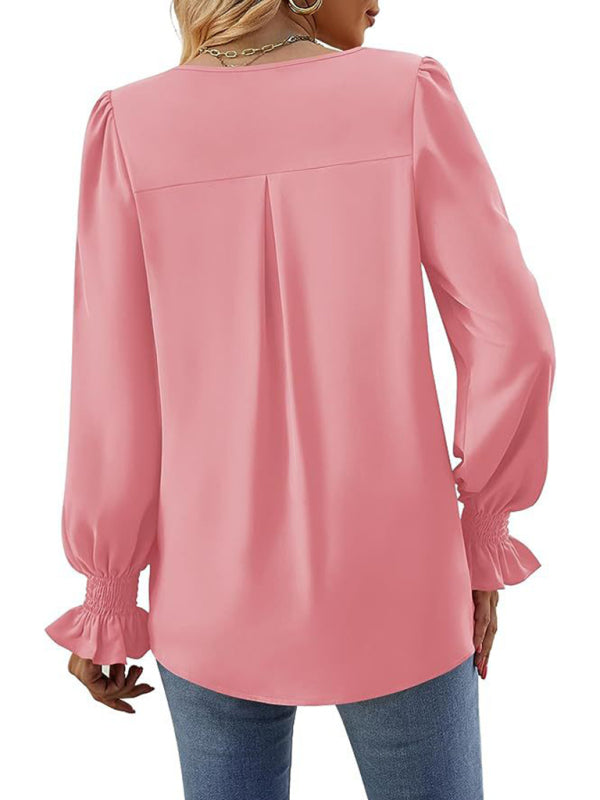 Neue einfarbig chiffon hemd V-ausschnitt pullover ausgestelltes lange-ärmeln top hemd 