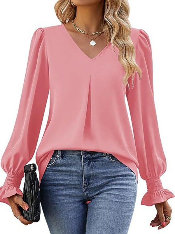 Neue einfarbig chiffon hemd V-ausschnitt pullover ausgestelltes lange-ärmeln top hemd 