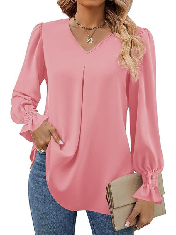 Neue einfarbig chiffon hemd V-ausschnitt pullover ausgestelltes lange-ärmeln top hemd 