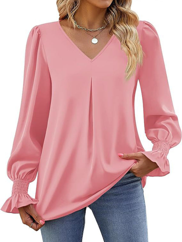 Neue einfarbig chiffon hemd V-ausschnitt pullover ausgestelltes lange-ärmeln top hemd 