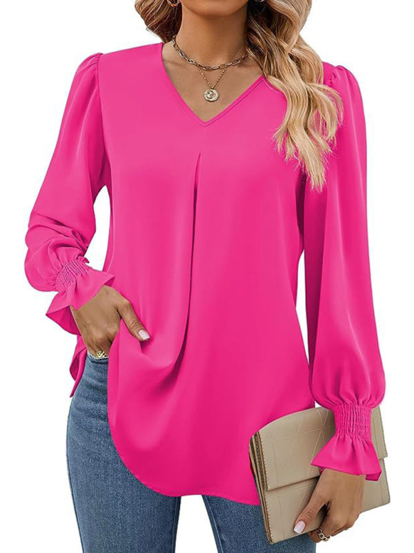 Neue einfarbig chiffon hemd V-ausschnitt pullover ausgestelltes lange-ärmeln top hemd 