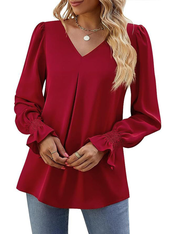 Neue einfarbig chiffon hemd V-ausschnitt pullover ausgestelltes lange-ärmeln top hemd 