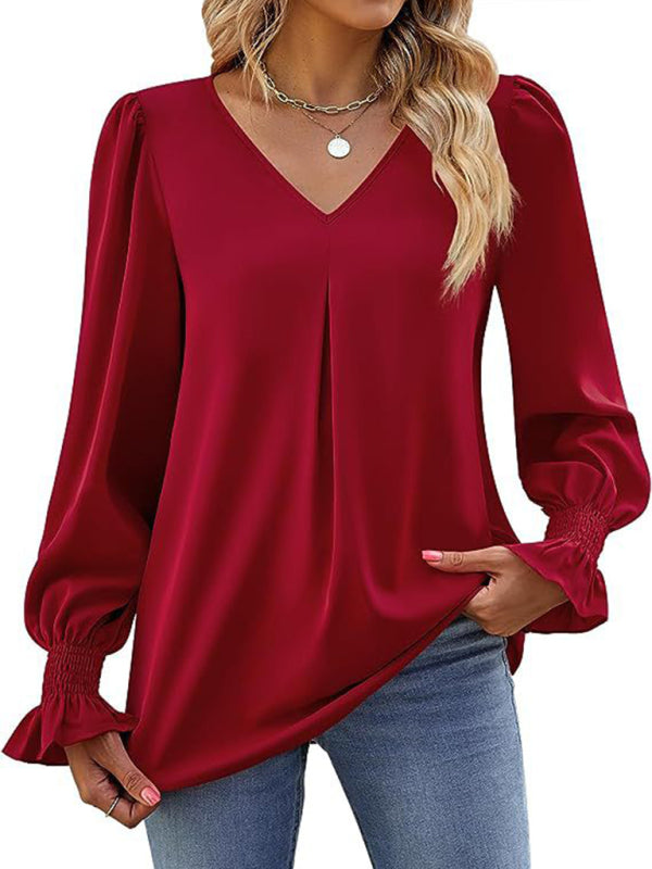 Neue einfarbig chiffon hemd V-ausschnitt pullover ausgestelltes lange-ärmeln top hemd 