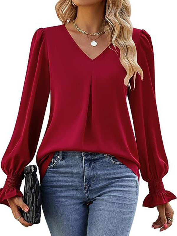 Neue einfarbig chiffon hemd V-ausschnitt pullover ausgestelltes lange-ärmeln top hemd 