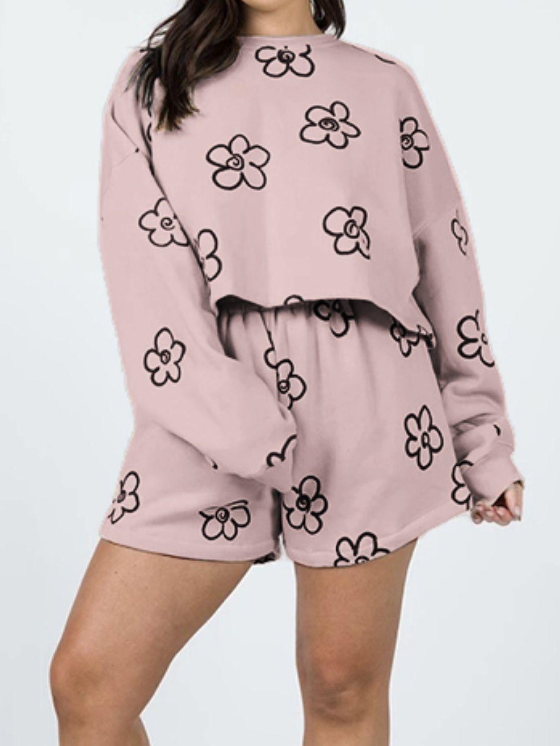 Floral Dropped Shoulder Sweatshirt and Shorts Set - HAPPY HOURS