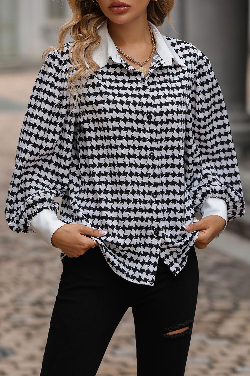 Printed Collared Neck Lantern Sleeve Shirt - HAPPY HOURS