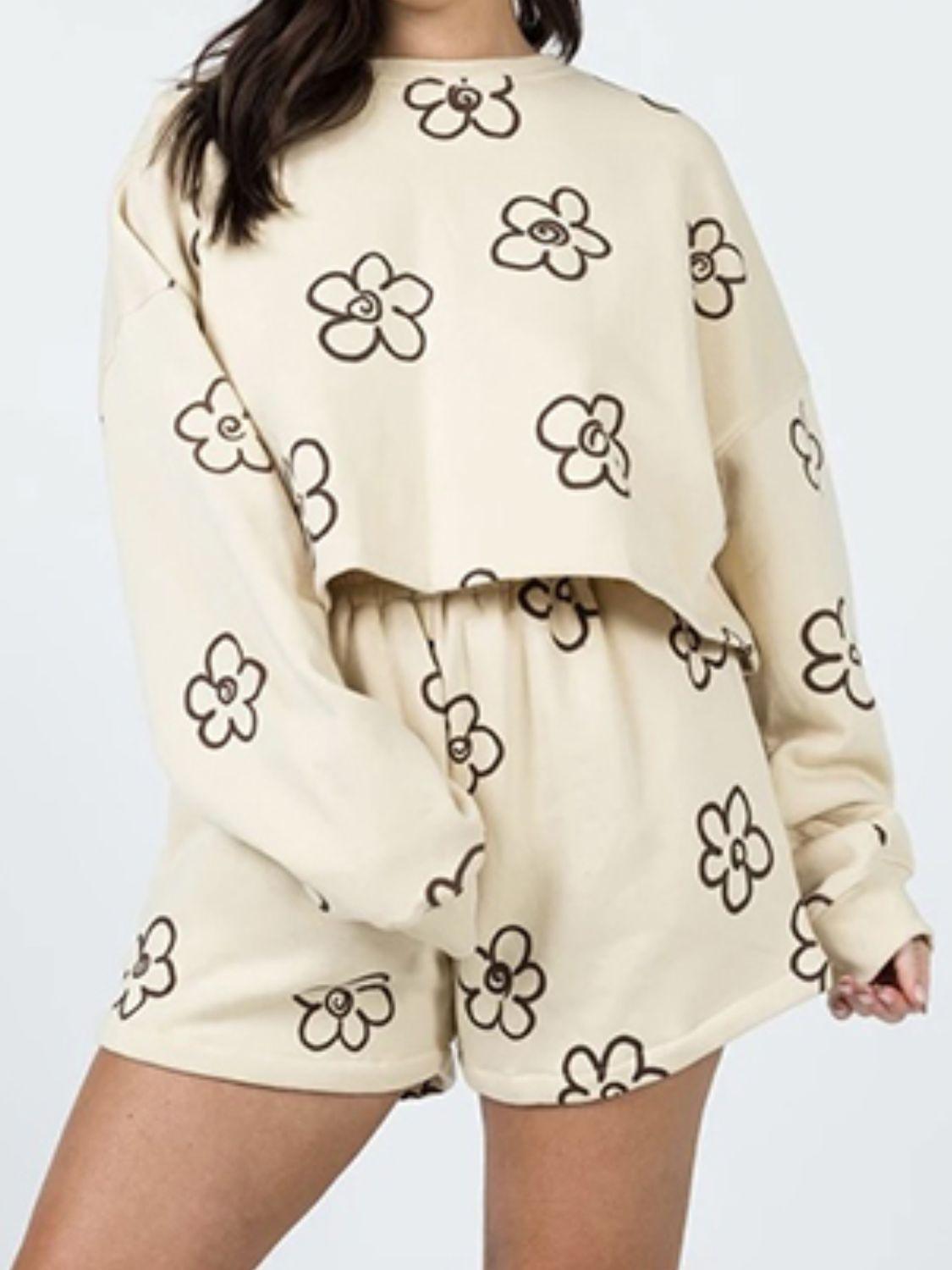 Floral Dropped Shoulder Sweatshirt and Shorts Set - HAPPY HOURS