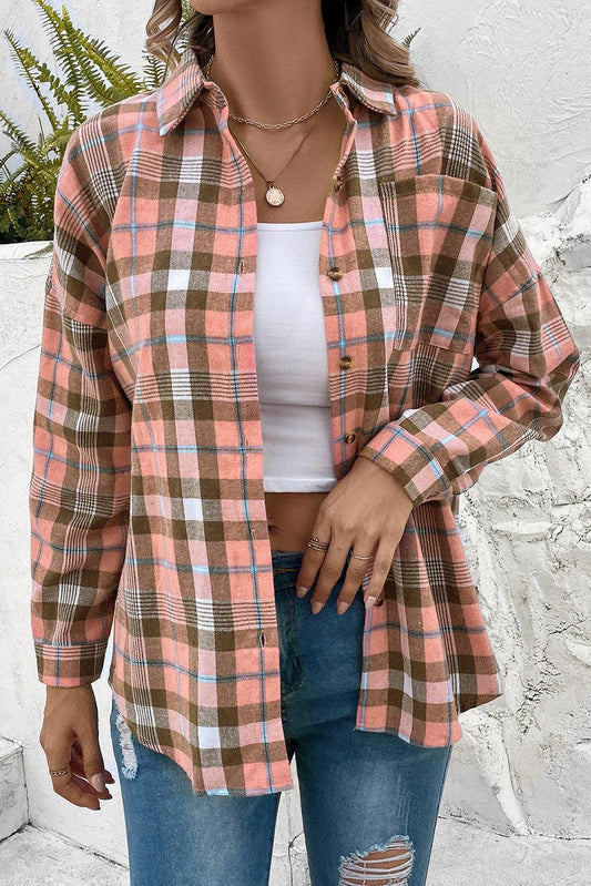 Plaid Collared Neck Long Sleeve Button-Up Shirt - HAPPY HOURS