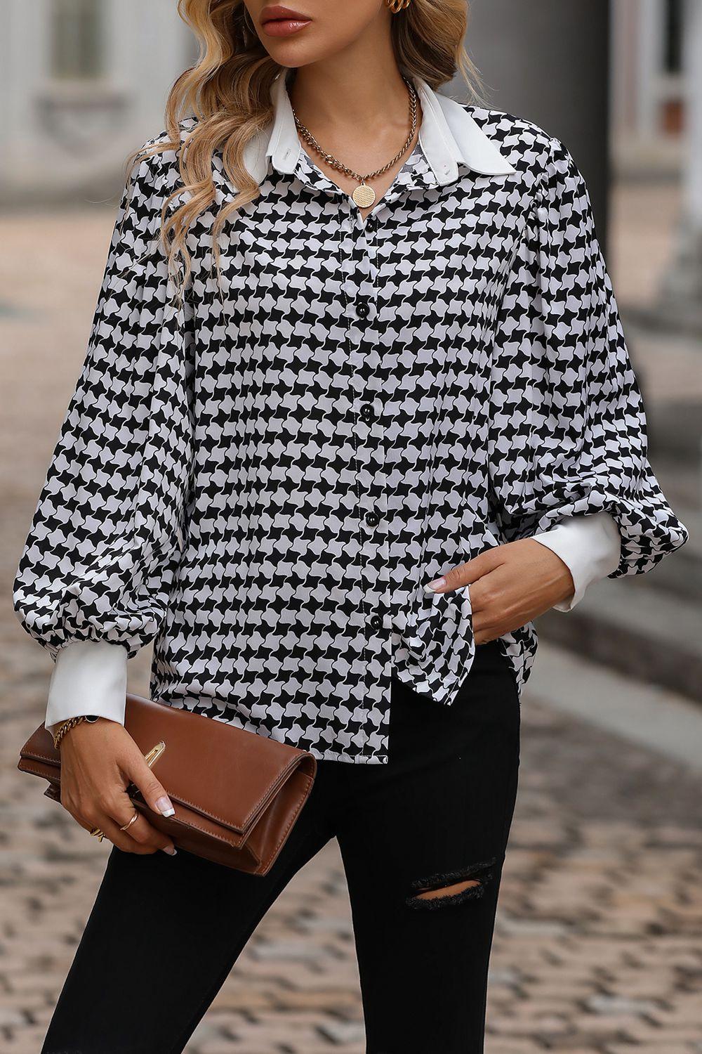 Printed Collared Neck Lantern Sleeve Shirt - HAPPY HOURS