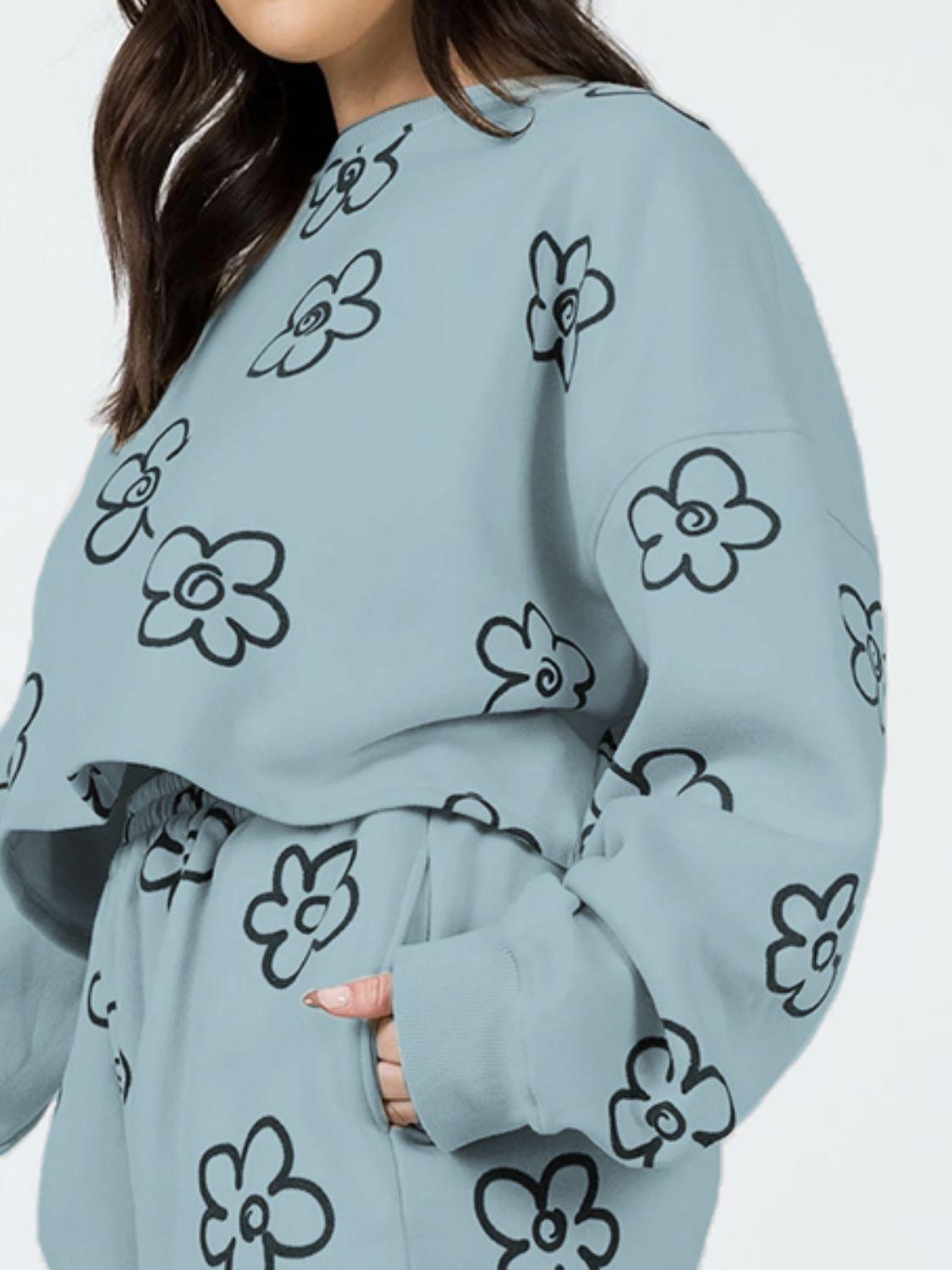 Floral Dropped Shoulder Sweatshirt and Shorts Set - HAPPY HOURS