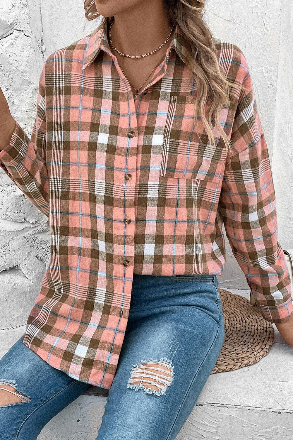 Plaid Collared Neck Long Sleeve Button-Up Shirt - HAPPY HOURS