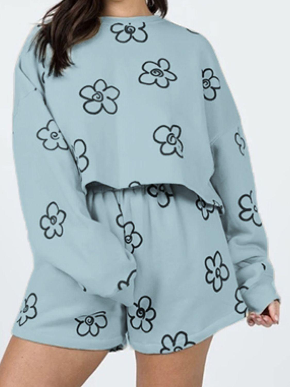 Floral Dropped Shoulder Sweatshirt and Shorts Set - HAPPY HOURS