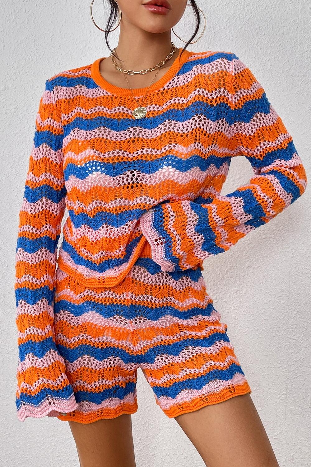 Striped Sweater and Knit Shorts Set - HAPPY HOURS