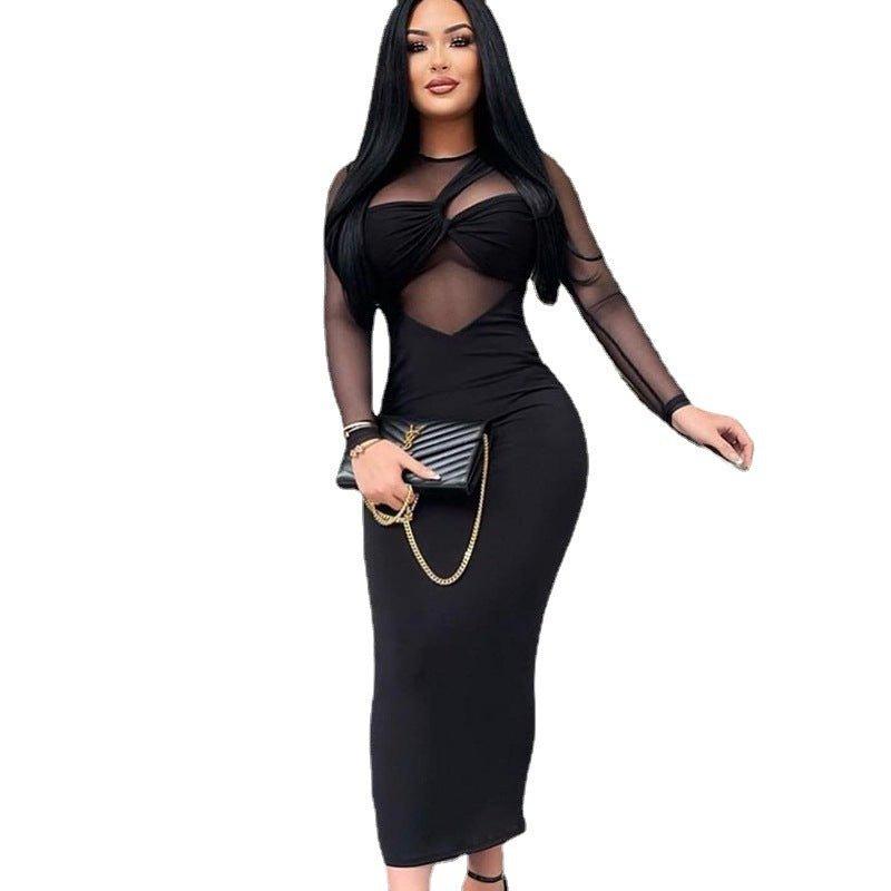 CREW NECK MESH PANEL LONG SLEEVE MID-LONG SKINNY DRESS - HAPPY HOURS