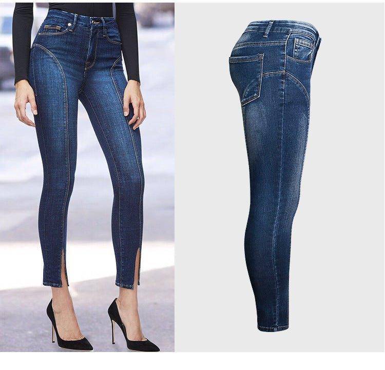 Jeans New Mid rise Stretch Split Leg Trendy High Quality Washed Cropped Jeans - HAPPY HOURS