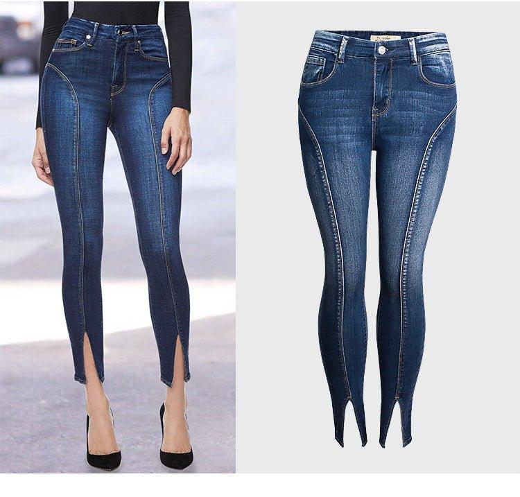 Jeans New Mid rise Stretch Split Leg Trendy High Quality Washed Cropped Jeans - HAPPY HOURS