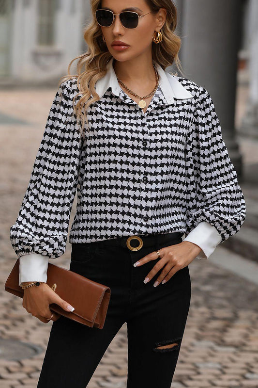 Printed Collared Neck Lantern Sleeve Shirt - HAPPY HOURS